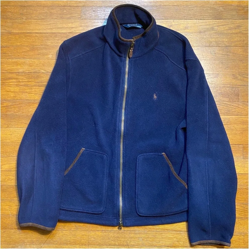 Polo Ralph Lauren Navy Blue Fleece Jacket Leather Trim Full Zip Mens XL